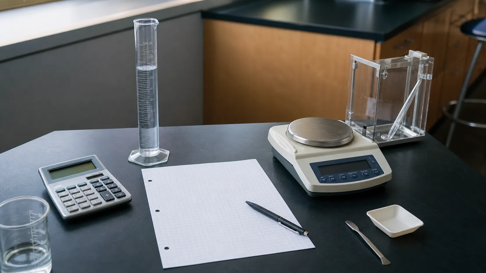 Calculator, graduated cylinder, precision balance and graph paper for mg-to-mL conversions