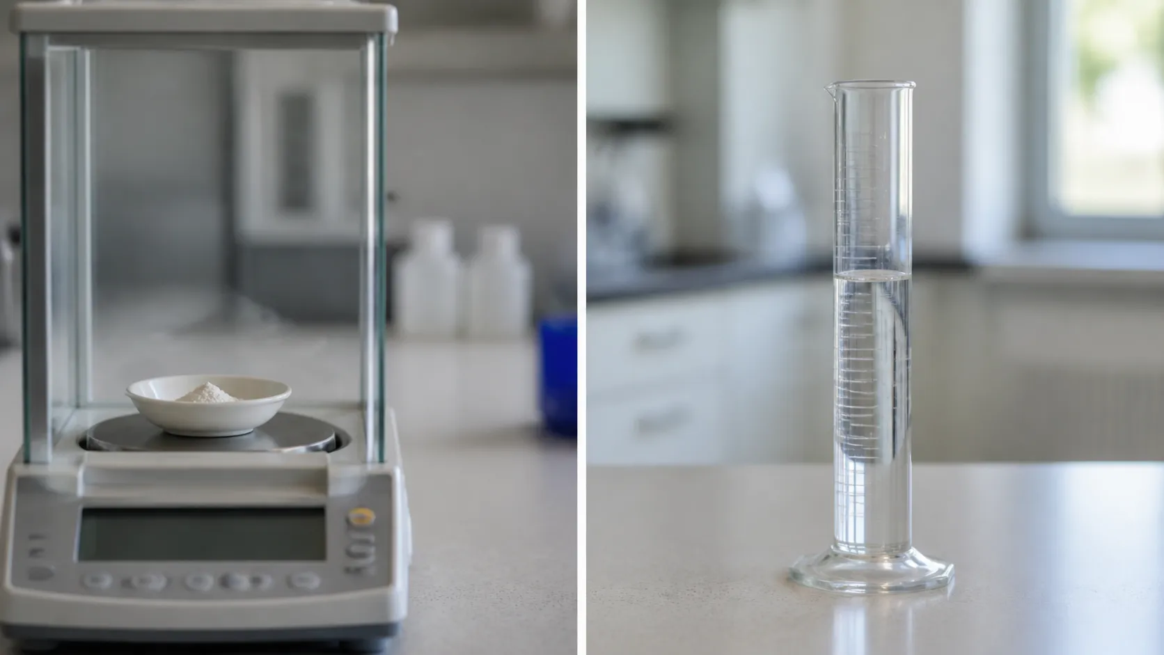 Laboratory balance and graduated cylinder comparing mass in mg with volume in mL