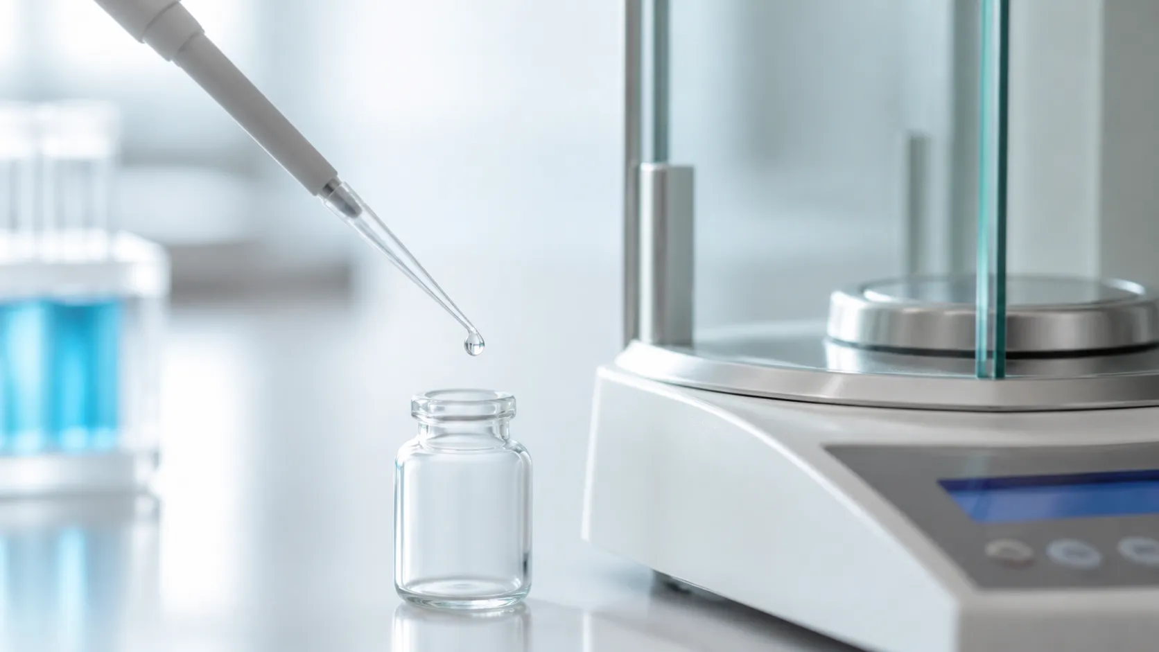 Micropipette droplet, small glass vessel and precision balance for tiny mass-to-volume conversions