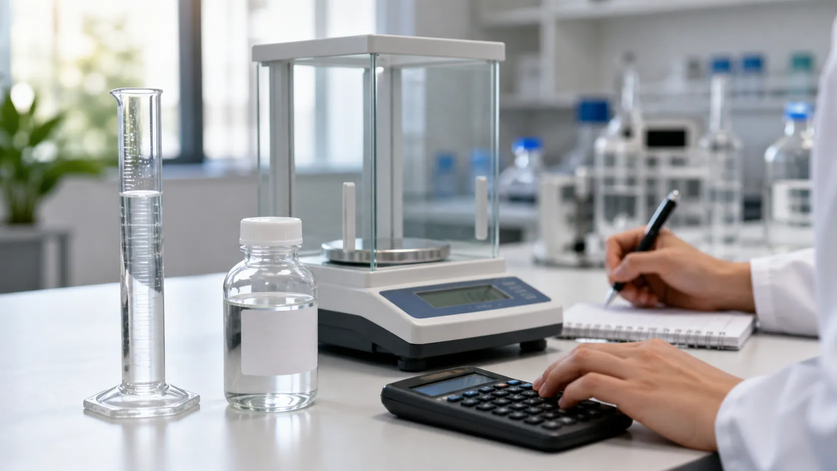 Laboratory worker using a calculator beside a graduated cylinder, solution bottle and precision balance