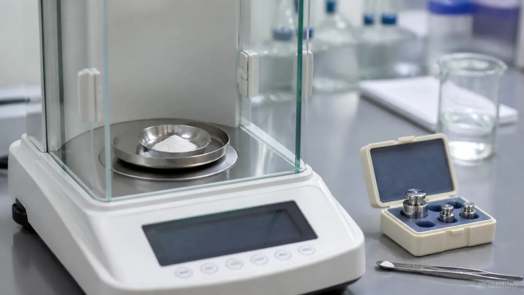 Precision laboratory balance with a small weighing dish and calibration weights