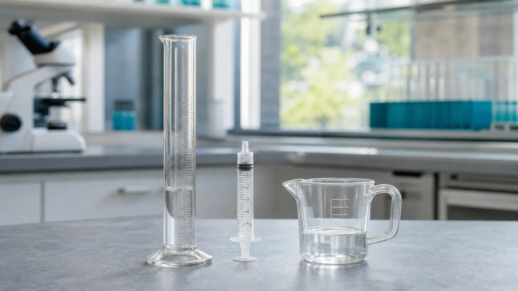 Graduated cylinder, oral syringe and measuring cup used to measure milliliters