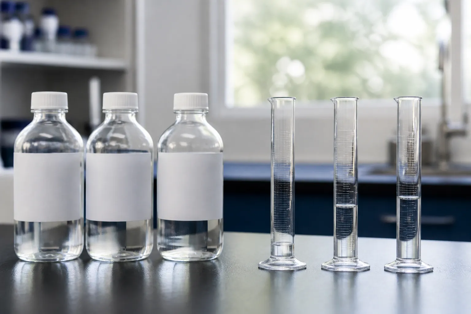 Three blank solution bottles beside graduated cylinders containing different liquid volumes