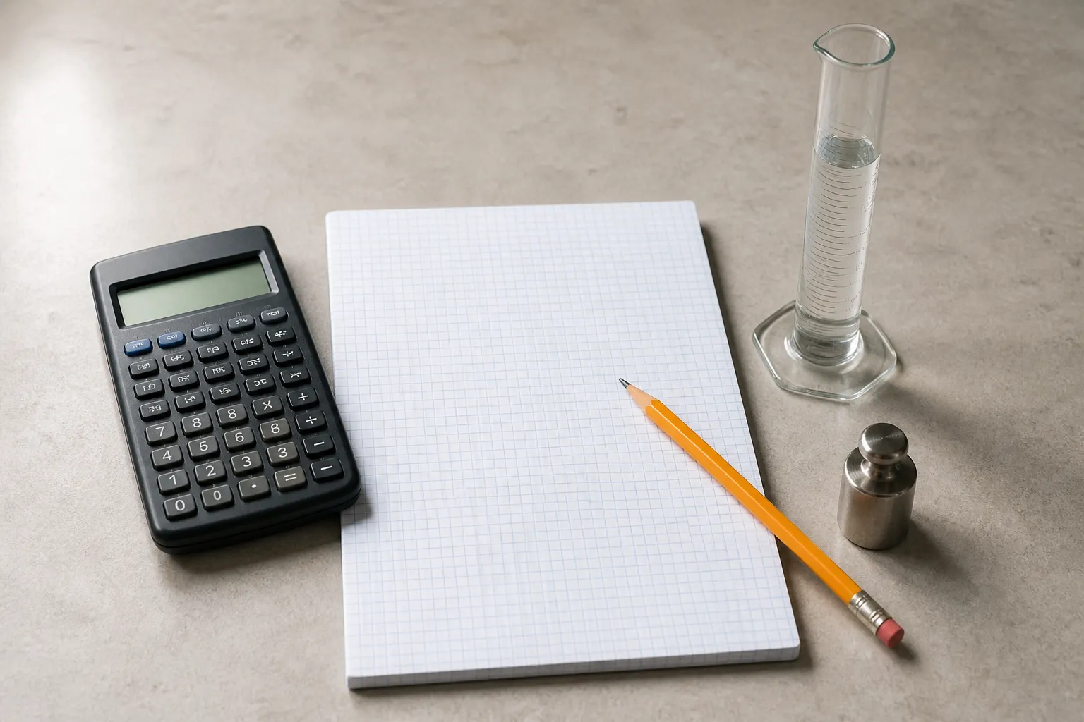 Calculator, graph paper, graduated cylinder and calibration weight for comparing mass and volume