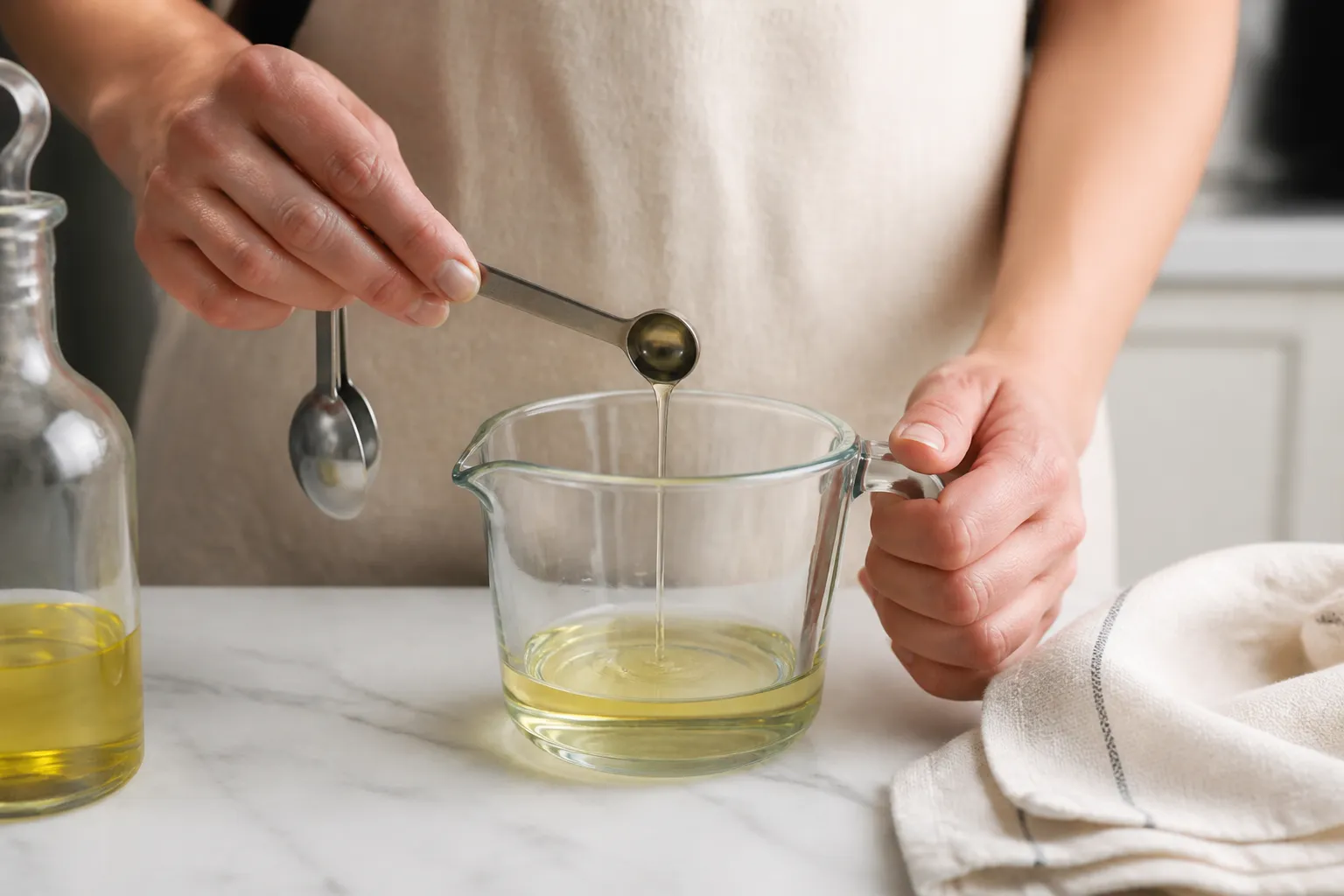 Cooking oil measured with a metric spoon over a glass measuring jug