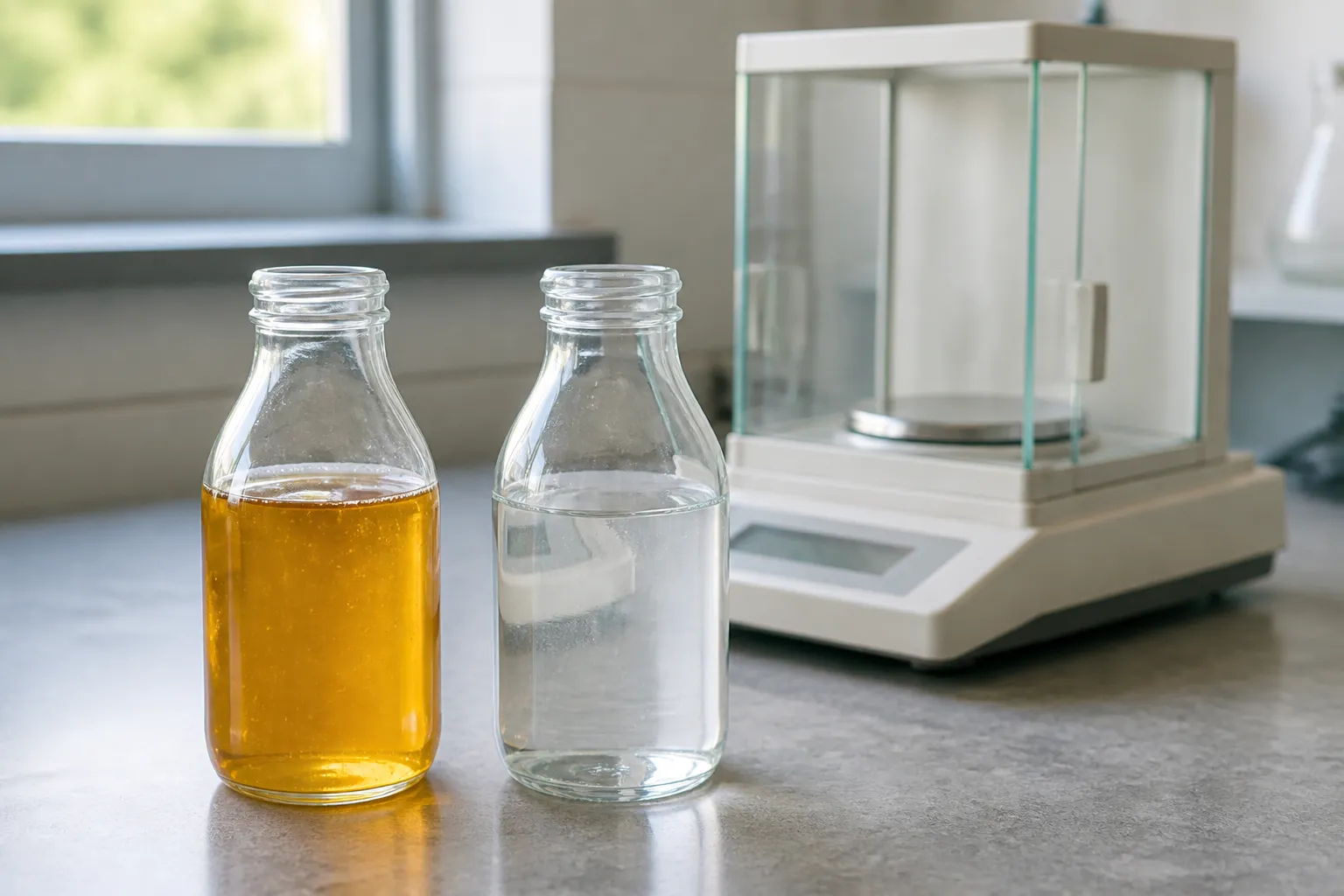Equal-volume bottles of golden syrup and clear water beside a precision balance