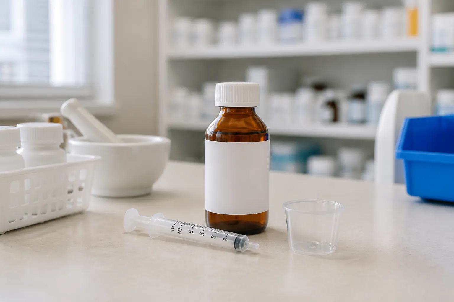 Blank amber medicine bottle, oral syringe and measuring cup