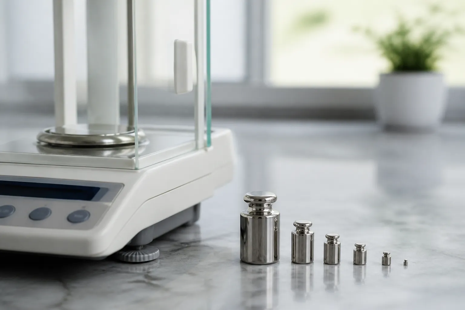 Metric calibration weights arranged from larger to smaller beside a precision balance