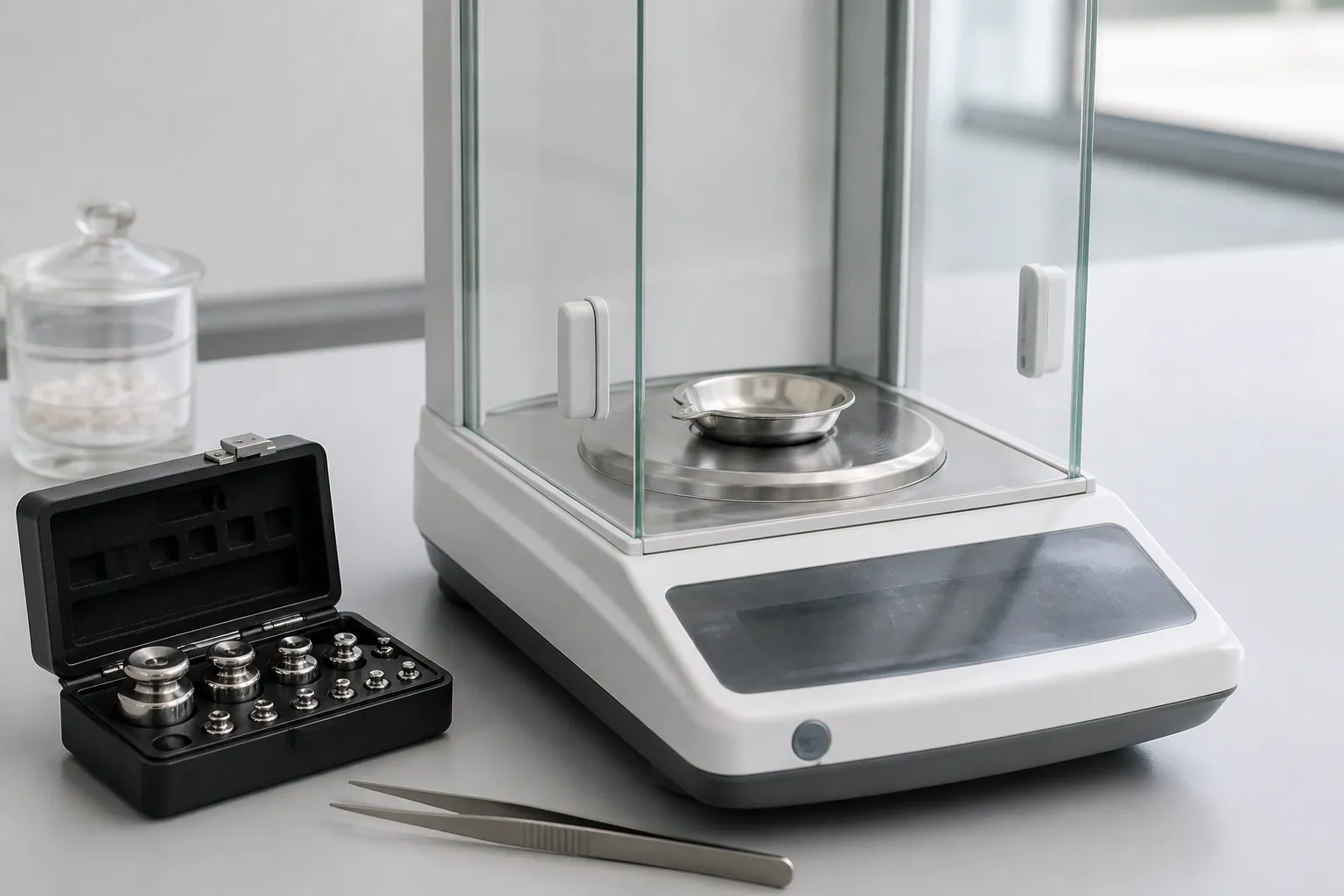 Precision balance, weighing dish and small milligram calibration weights