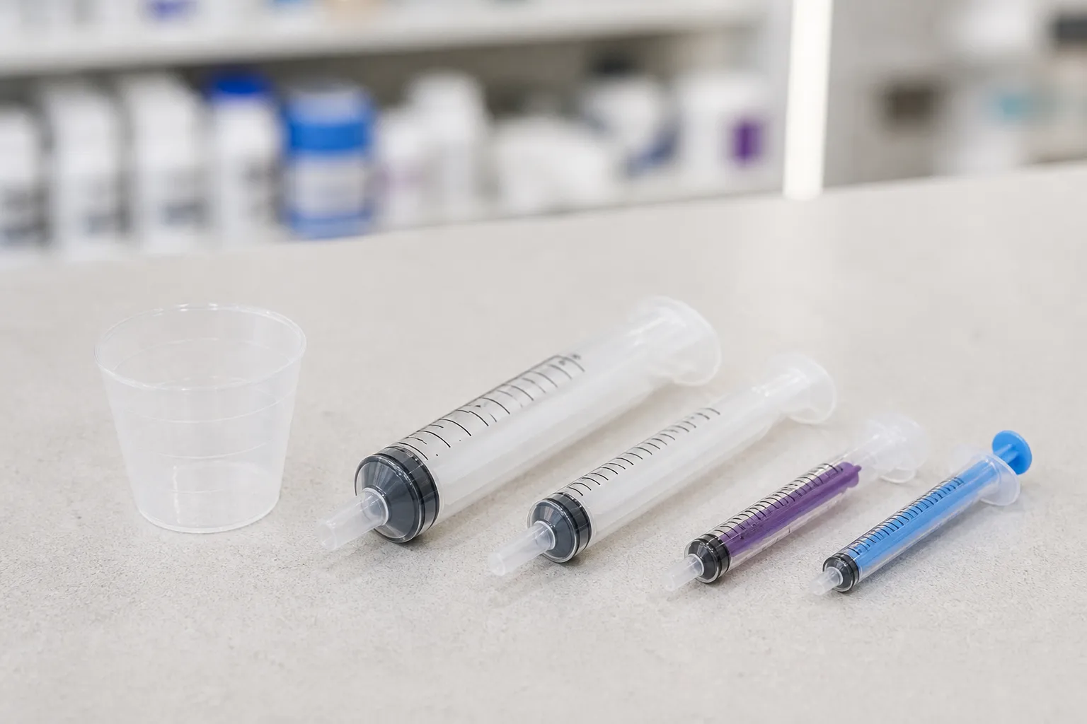 Calibrated oral syringes in several capacities beside a medicine cup