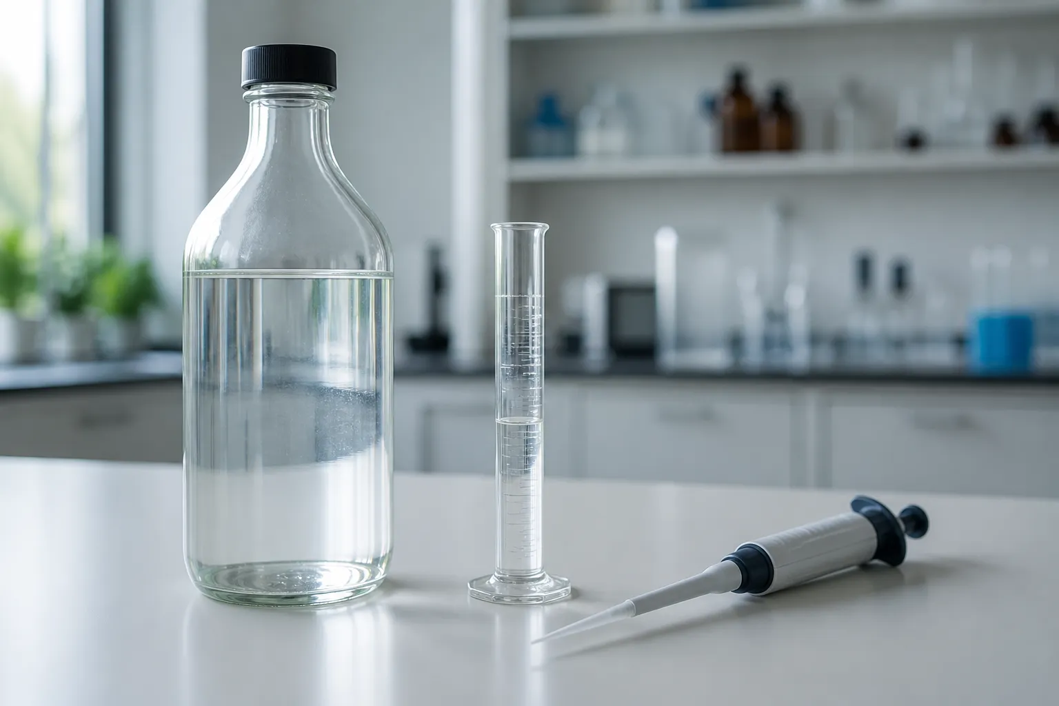 One-liter bottle, graduated cylinder and micropipette showing different volume scales